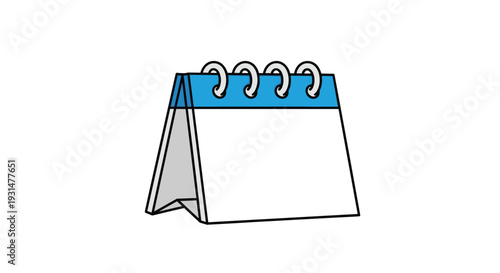 Minimalist desk calendar illustration with blue and white pages and ring binding, ready for event planning.
