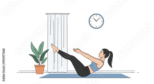 Young woman practicing the pilates boat pose on a blue yoga mat in a minimalist home room with a green plant.