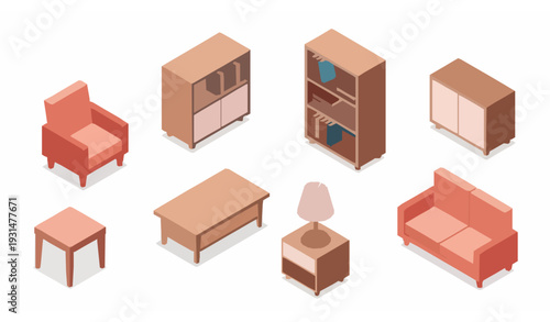 Isometric Small Furniture Collection Vector Interior Design Illustration