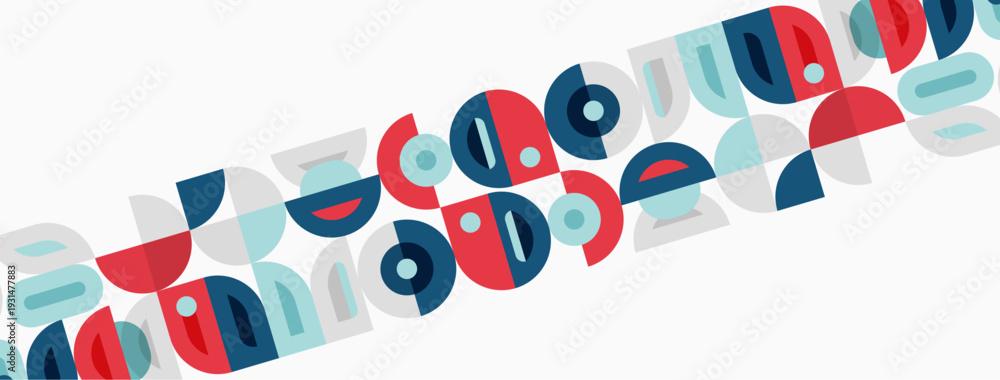 Fototapeta premium Abstract geometric shapes form stylized alphabet. Colors include red, blue, teal, gray. Minimalist design, clean lines, modern aesthetic.