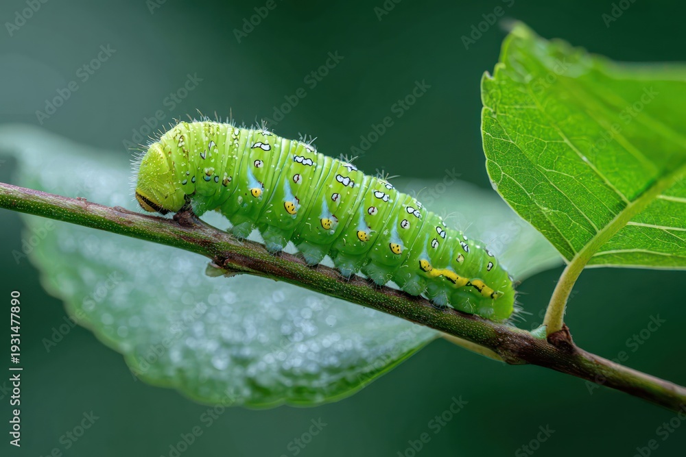 Fototapeta premium Green caterpillar on a leaf and stem
