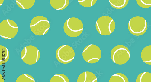 Seamless pattern of yellow tennis balls with white lines distributed across a solid bright teal background.
