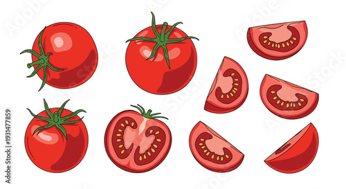 Assortment of fresh red tomatoes depicted as whole fruits, cut in half, and sliced into small wedges.