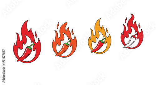 Chili pepper icons accompanied by flames representing different levels of spicy heat for food menus.