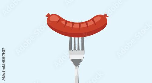 Grilled red sausage on a silver fork presented against a light blue background for food advertising.