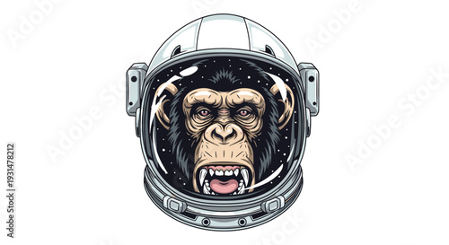Detailed illustration of a chimpanzee head wearing a white astronaut space helmet looking forward with an open mouth showing teeth.