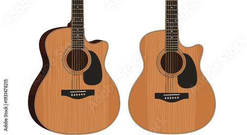 Pair of acoustic guitars shown from a front and slightly angled perspective with a natural wood finish and black pickguards.