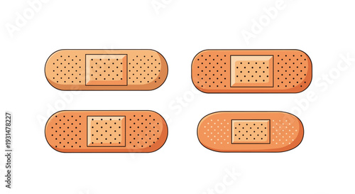Set of four adhesive bandages in various shades of brown and textures used for covering minor cuts and wounds in first aid kits.
