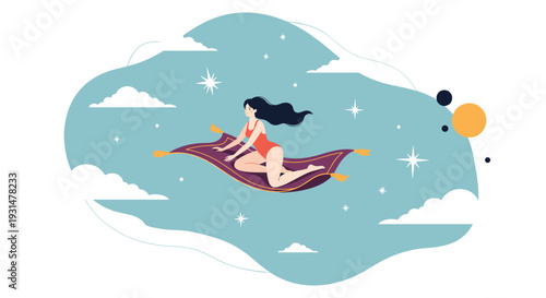 Dreamy illustration of a woman in a red swimsuit sitting on a flying magic carpet soaring through a starry night sky with clouds.