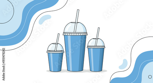 Three different sized blue disposable drink cups with clear lids and white straws against a wavy blue and white background.
