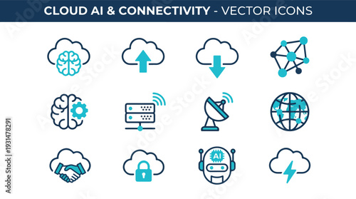 Flat vector icon set sheet featuring Cloud AI & Connectivity, including specific icons: cloud with brain, upload arrow, download arrow, network connection dots