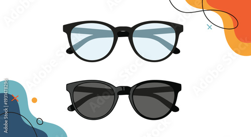 Pair of classic black framed eyeglasses with clear lenses and matching sunglasses with dark lenses on a colorful abstract background.