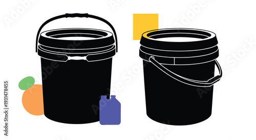 Silhouettes of two large black plastic buckets with handles and smaller blue and green bottles on a white background with abstract shapes.