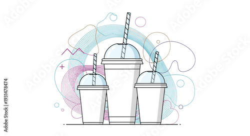 Three white drink cups with straws and abstract background featuring colorful geometric lines and circles for a modern design.