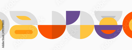 Abstract geometric shapes form colorful letterforms. Minimalist design uses overlapping circles, squares, rectangles. Bright hues create playful visual rhythm.