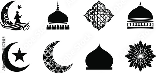 Collection of black and white islamic architectural and symbolic including domes crescents stars and geometric patterns