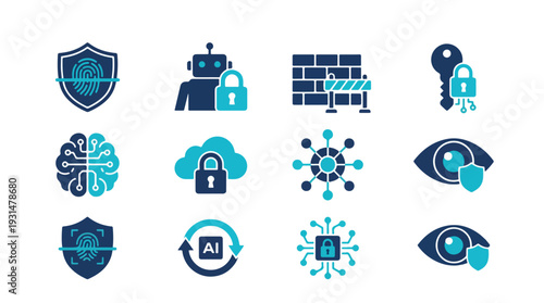 Flat vector icon set sheet featuring Cybersecurity AI, including specific icons: shield with fingerprint, locked robot, firewall wall, secure key