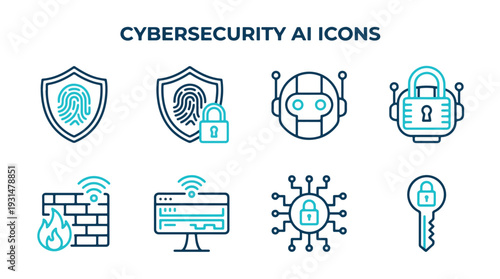 Flat vector icon set sheet featuring Cybersecurity AI, including specific icons: shield with fingerprint, locked robot, firewall wall, secure key