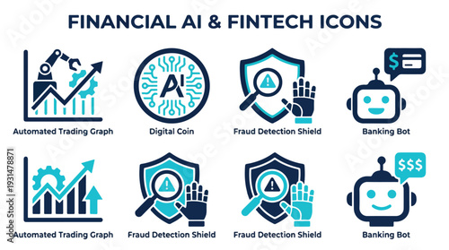 Flat vector icon set sheet featuring Financial AI & FinTech, including specific icons: automated trading graph, digital coin, fraud detection shield, banking bot