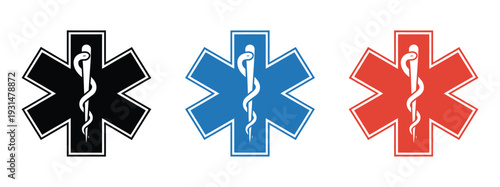 Star of Life medical symbols in black, blue, and red vector for emergency healthcare