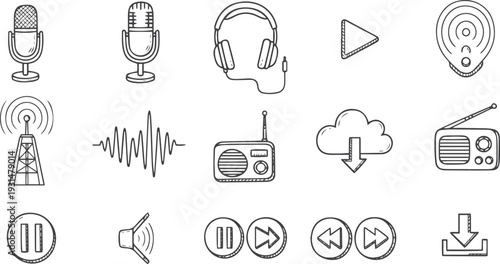 Doodle podcast icon set with microphones, headphones, media elements. Vector cartoon audio content symbols. Broadcast, streaming, radio, play button, sound wave, download icons vector's