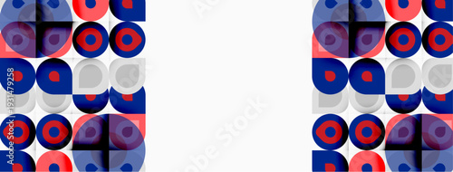 Geometric pattern features circles, squares. Colors include red, blue, purple, white. Design appears repetitive, modern. Simple shapes create visual interest.