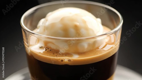Close-up of Affogato Coffee Dessert Preparation: Pouring Hot Espresso Over Vanilla Ice Cream Scoop in Glass Cup, Creating Creamy Melting Dessert
