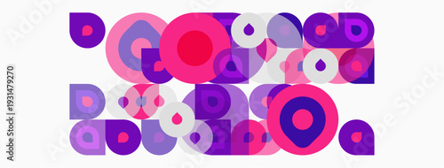 Abstract composition featuring overlapping circles, squares, varying purple hues, white background. Modern design elements present.