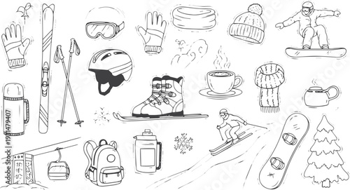 Hand drawn doodle ski essentials collection. summer activities vector
