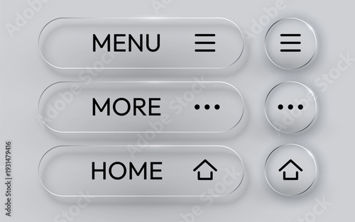 Glassmorphism UI navigation buttons with menu, more, and home icons. Vector illustration.