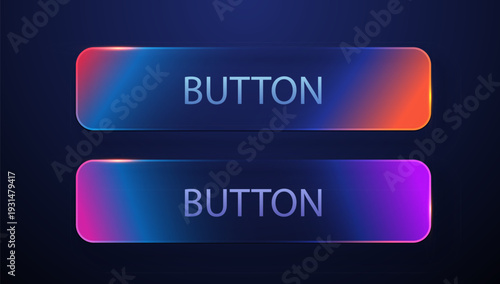 Futuristic glow button set for UIUX design. Vibrant neon gradient elements with glassmorphism effect on dark background. Vector illustration