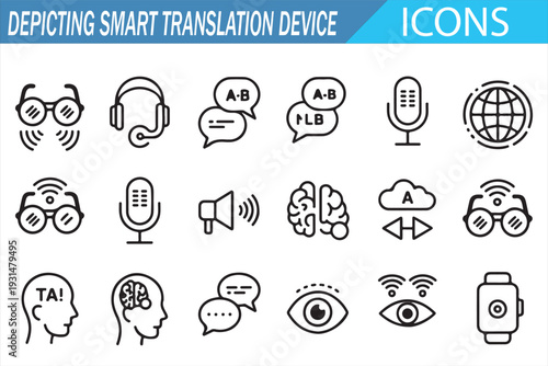 Voice Translation Line Icons – AI Language Device Vector