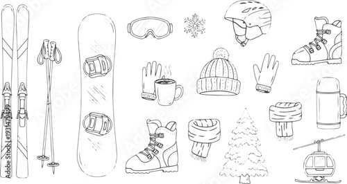 Hand drawn doodle ski essentials collection. summer activities vector