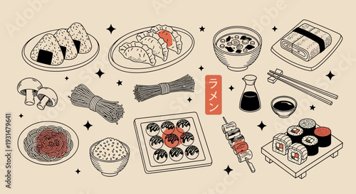 Delicious Japanese Food Assortment Sushi, Ramen, Dumplings, and More