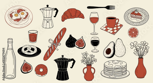 Artistic Hand-Drawn Assortment of Wholesome Breakfast and Brunch Delights, Featuring Coffee, Croissants, Eggs, and Fresh Produce, Perfect for Culinary-Themed Designs and Cafe Menus