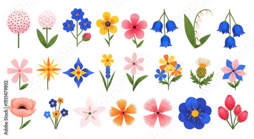 Collection of various stylized illustrations of flowers in a variety of shapes, colors, and sizes, representing the beauty of nature and floral diversity in a vibrant artistic style