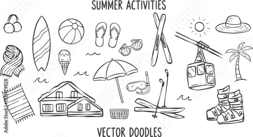 Hand drawn doodle ski essentials collection. summer activities vector