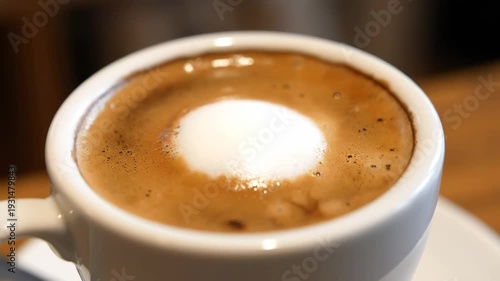 Extreme Close-Up of Espresso or Macchiato Coffee with Rich Brown Crema and White Steamed Milk Foam in a Small White Ceramic Cup