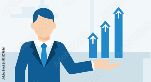 Businessman holding up three rising blue bar charts symbolizing financial growth and successful performance achievement.