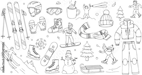 Hand drawn doodle ski essentials collection. summer activities vector