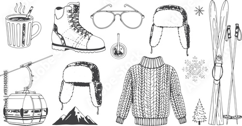 Hand drawn doodle ski essentials collection. summer activities vector