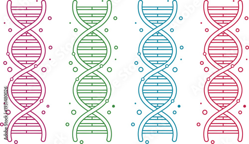 Four colorful DNA double helix structures with sparkling particles represent fundamental biological research.