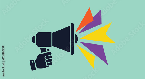 Hand holding a dark megaphone broadcasting vibrant, sharp sound waves in multiple bright geometric shapes.