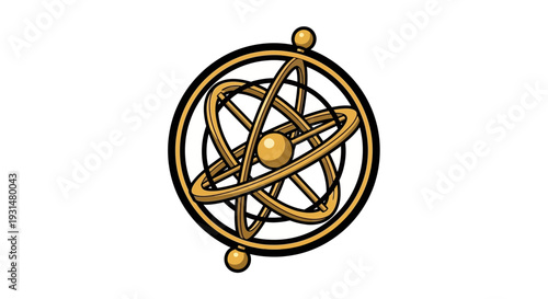 Intricate Golden Science Symbol Depicting Atomic Structure, Celestial Orbits, and Abstract Universal Principles