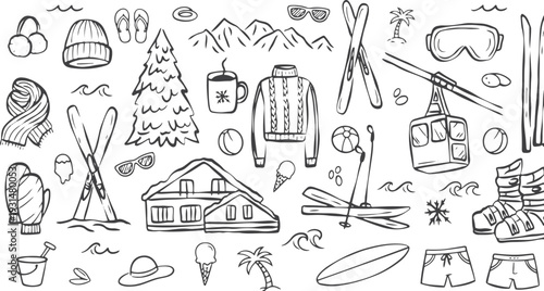 Hand drawn doodle ski essentials collection. summer activities vector