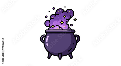 Enchanting black cauldron bubbling with mystical purple potion, creating a magical, sparkly brew icon design