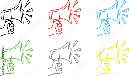 Six colorful hands firmly grasping megaphones and shouting announcements in a set of vibrant promotional icons.