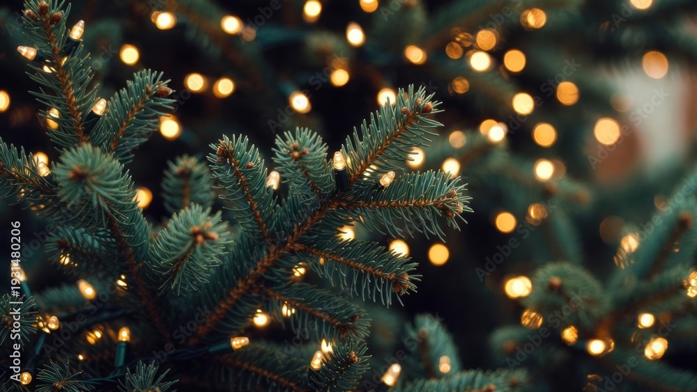 Fototapeta premium Pine branch decorated with warm lights in outdoor setting.