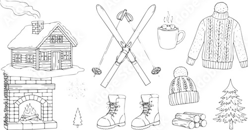 Hand drawn retro apres ski elements collection vector