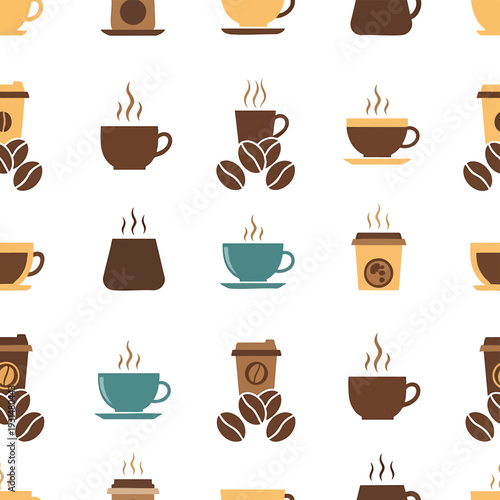 Seamless Pattern with Various Coffee Cups and Beans on White Background.